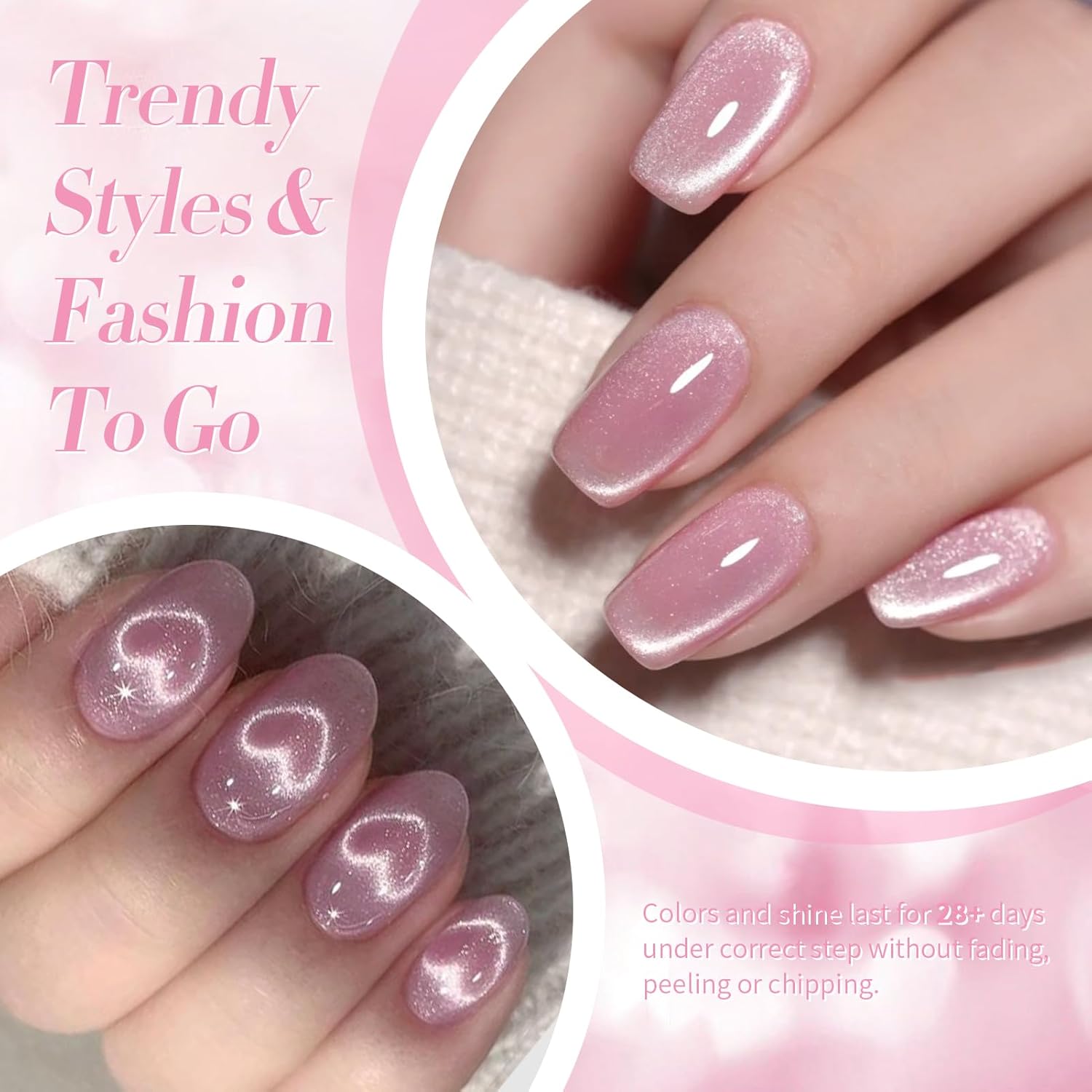 Born Pretty Cat Magnetic Eye Gel Nail Polish, Jelly Pink Glitter Cat Magnetic Gel Nail Polish, Holographic Magnetic Nail Polish for Nail Art Manicure Salon DIY at Home 15ML-BrightBean Baby