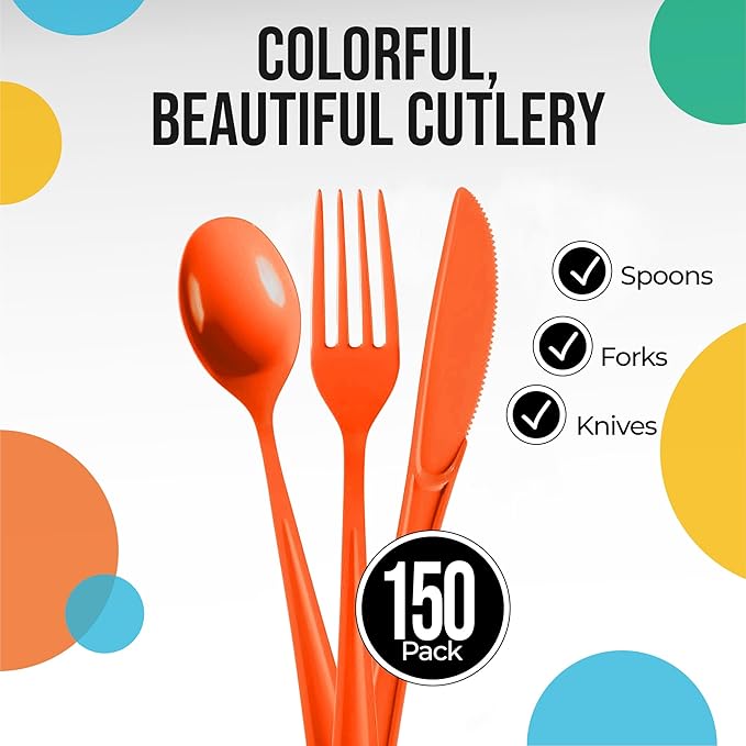 Party Solids Orange Plastic Silverware Heavy Duty 150 Pieces Orange Plastic Cutlery Sets, Utensil Sets, 50 Of Each Forks, Knives & Spoons Disposable Cutlery Set, Flatware Set For Party Supplies