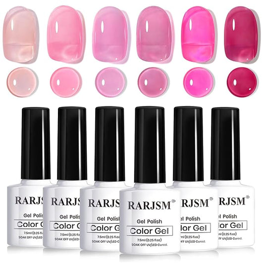 RARJSM Nude Pink Jelly Gel Nail Polish Set 6pcs Clear Crytal Stained Glass Purple Pink Series Transparent Sheer Amber Milky Gel Varnish LED UV Curing Requires Soak off French Manicure Home Salon-BrightBean Baby