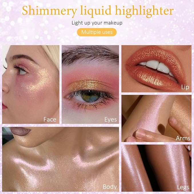 evpct Light Liquid Face Highlighter Makeup Waterproof Long Lasting Mermaid Pink Rose Gold Glimmer Glow Sparkly Glitter Body Shimmer Oil Liquid Luminizer Stick Highlight Illuminator for Face Body Cheek-BrightBean Baby