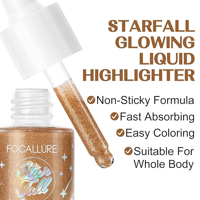 FOCALLURE Starfall Glowing Liquid Highlighter, Shimmering Body Oil, Non-Sticky Shimmer Liquid Luminizer, Non-Greasy, Face & Body Glitter Makeup for Costumes, Cosplay, Rave Festival, BRONZE CRAZE-BrightBean Baby