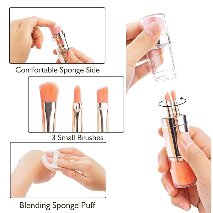 kullder 5-in-1 Makeup Brush Travel Makeup Brush set Dual Ended Mini Makeup Brush Pen Foundation Powder Concealer Shadow Blush Makeup Brushes with 2 Sponge Puff Womens Gift Idea for Beauty Lover-BrightBean Baby
