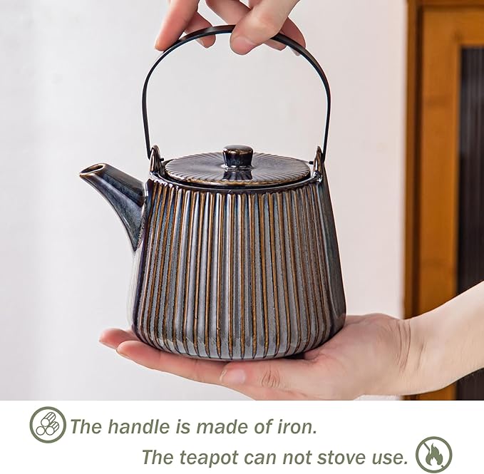 Yundu Brown Ceramic Teapots, 1000ml/33.8oz Tea Kettle, Enough for 4 Cups, Tea pot with infusers for loose tea, Striped Tea Pot with Removable Tea infuser