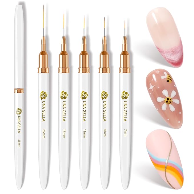 UNA GELLA Nail Art Brushes Metallic, Liner Pens Set For Nail Art Gel Polish, 5Pcs White Color, Detail Nail Art Design Painting Brush Set For Nails Gel Fine Drawing Nail Tools, Sizes 7/9/11/15/25mm-BrightBean Baby