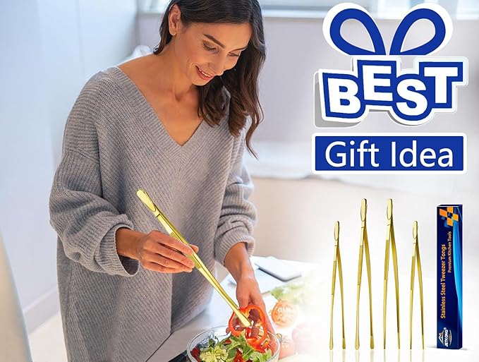 JETKONG 4 Pcs Kitchen Tweezers, 12'' and 10'' Stainless Steel Cooking Tweezers Set, High-Precision Tweezers Tongs for Cooking, Repairing, Seafood and BBQ (Gold)