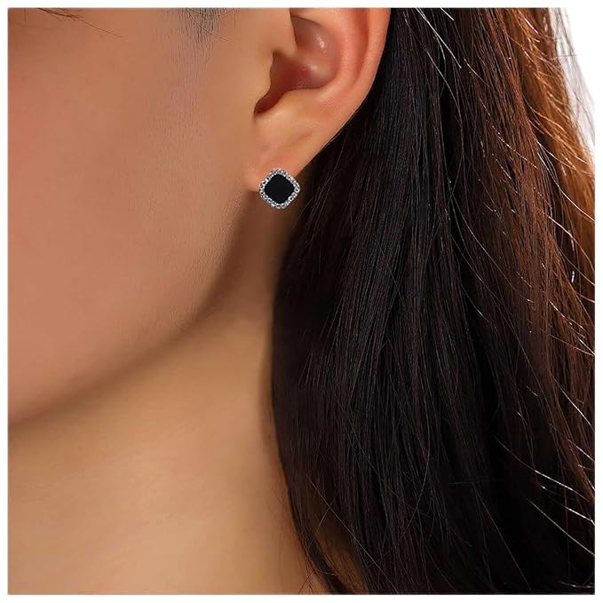 Vintage Black Square Crystal Earrings Black Cz Stud Earrings Rhinestone Diamond Earrings Geometric Onyx Earrings Jewelry for Women and Girls-BrightBean Baby