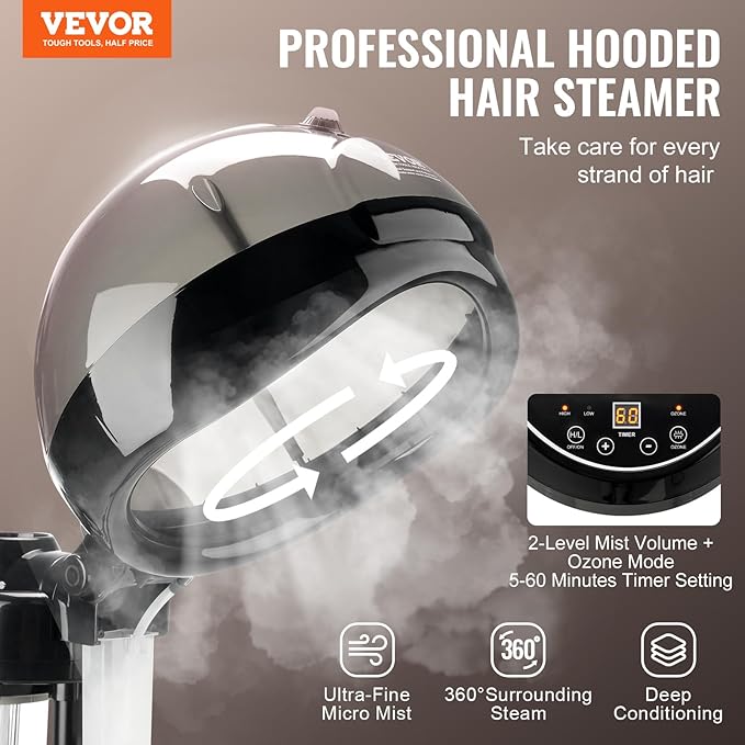 VEVOR Professional Hair Steamer for Deep Conditioning, 11.81-inch Hooded Ionic Hair Steamer with 2 Modes, Height-Adjustable Standing Hair Steamer with Timer, 5 Wheels (2 Lockable) for Salon Home Spa-BrightBean Baby