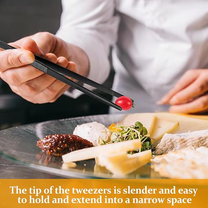 Litoexpe 2 PCS 10 Inches Fine Tweezer Tongs, Stainless Steel Cooking Tongs for BBQ Sea Food Repairing Serving, Black