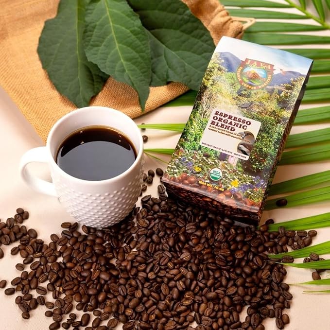 Low Acid Organic Coffee – Whole Bean, Mold-Free & Stomach Friendly by Java Planet, Espresso Blend Coffee, Dark Roast, Smooth Full Flavored, 1LB Bag