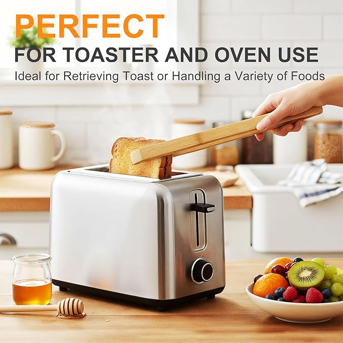 2 Pack Premium Bamboo Toaster Tongs, 10 Inches Natural Wooden Tongs with Serrated Tips for a Secure Grip on Toast, Bagels, Pastries, and Salads, Reusable for Cooking & Serving