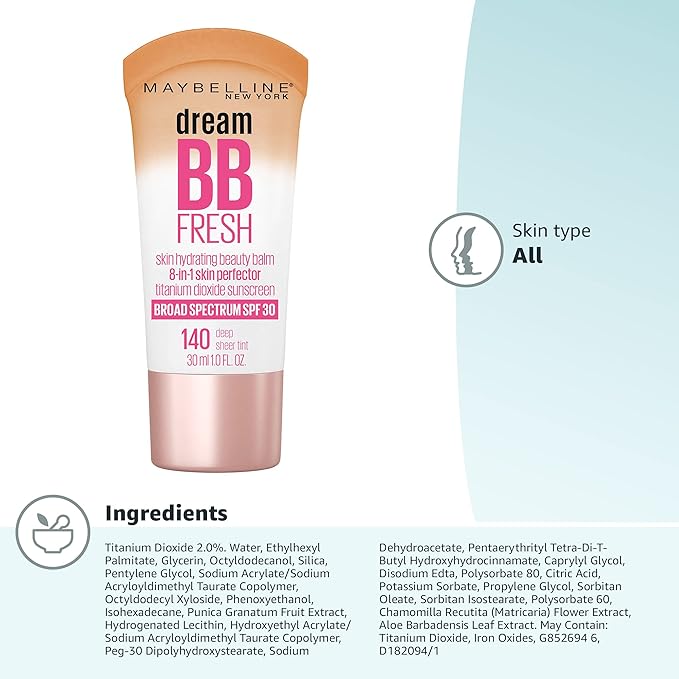 Maybelline Dream Fresh Skin Hydrating BB Cream, 8-in-1 Skin Perfecting Beauty Balm With Broad Spectrum Spf 30, Sheer Tint Coverage, Oil-Free, Deep, 1 Fl Oz-BrightBean Baby