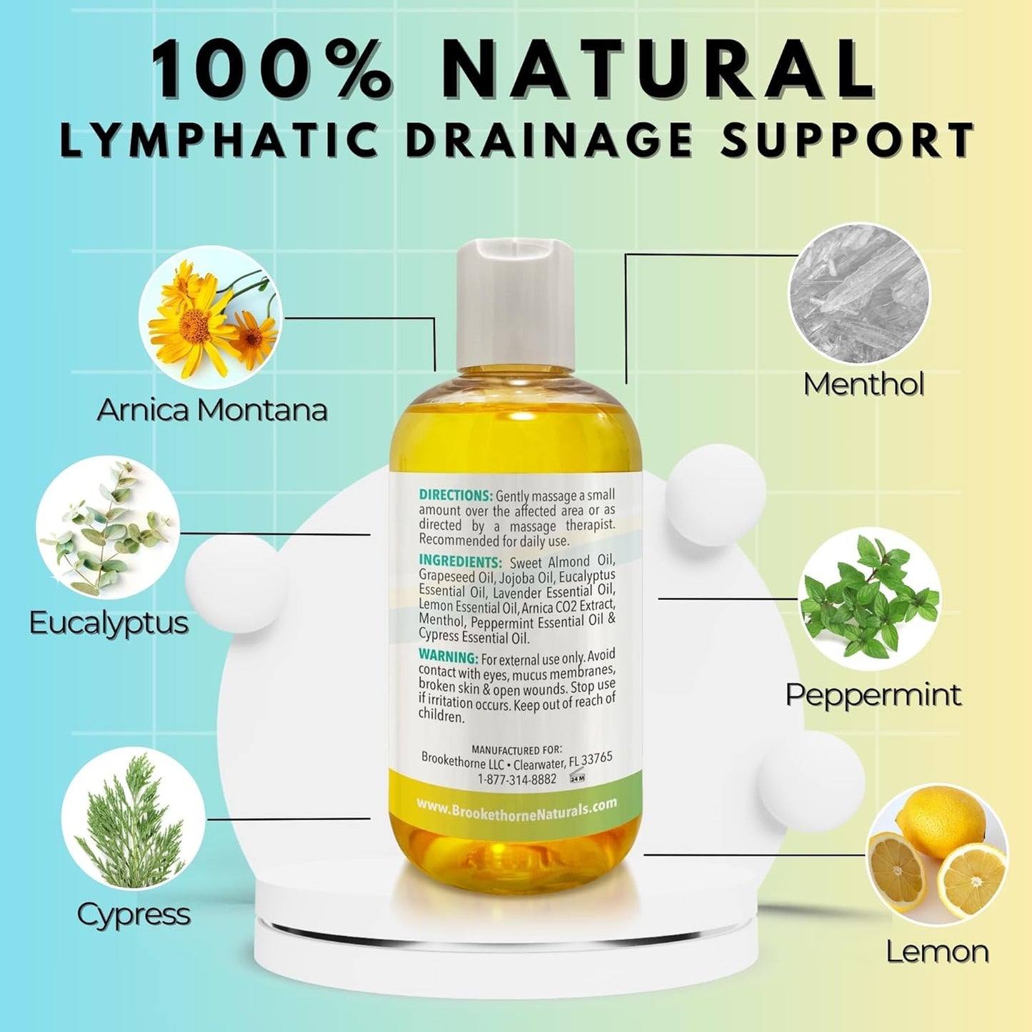 Lymphatic Drainage Massage Oil for Massage Therapy | Premium Quality, 100% Natural with Arnica Eucalyptus & Menthol | for Post Surgery Recovery & Detox | 8oz by Brookethorne Naturals-BrightBean Baby