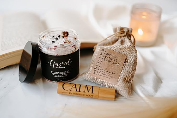 Relaxing Bath Gift Set, Luxury Spa Gifts for Women, Self Care Products for Women and Men, Calm Essential Oil Roller, Oatmeal Lavender Bath Soak & Epsom Salts with Essential Oils-BrightBean Baby