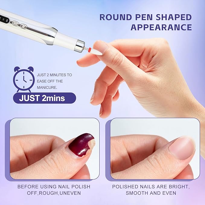 Electric Nail Drill File Cordless,Portable Rechargeable Nail File Kit for Acrylic & Gel Nails,Professional Efile for Manicure Pedicure Polishing,with 12 Nail Drill Bits 31 Sanding Bands,White-BrightBean Baby