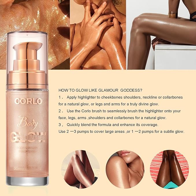 Corlo Body Shimmer Oil Liquid Glitter Face Luminizer Glow Highlighter Waterproof Long Lasting Moisturizing Luminizer FaceProm Party Makeup Brush Include(Rose Gold, Body Oil)-BrightBean Baby