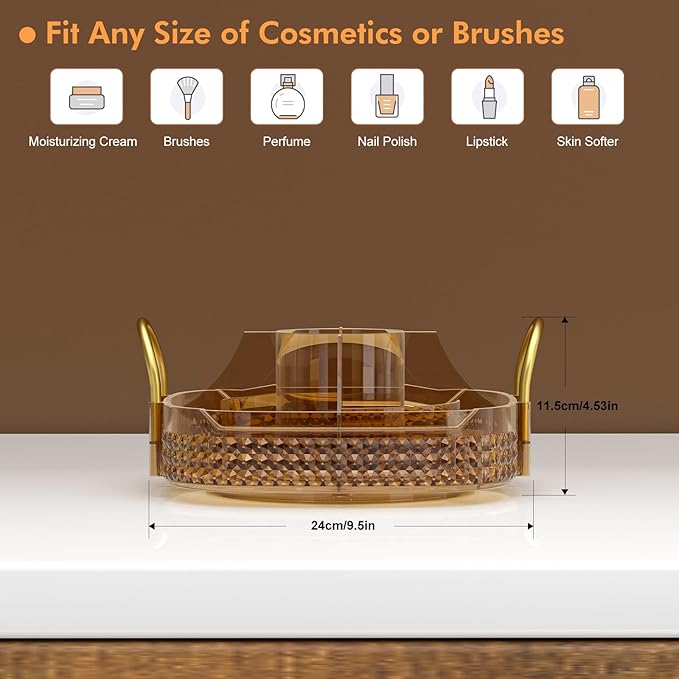 Awenia Rotating Makeup Organizer 360, Stackable Adjustable Large Capacity Cosmetic Storage Unit,Dresser Bathroom Kitchen Countertop Organizer with Metal Handle, Plus Size (Honorable Gold, 1 Tier)-BrightBean Baby