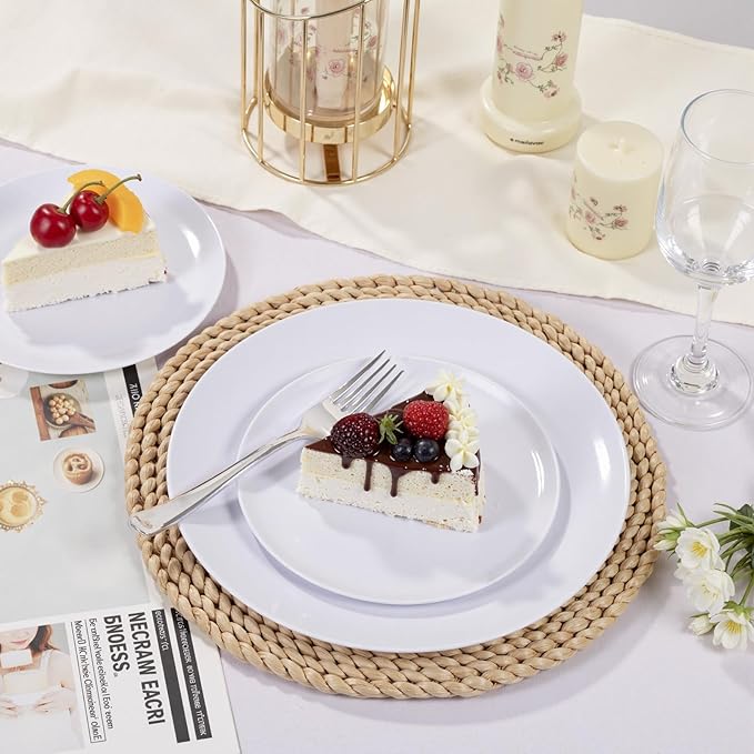 bUCLA 100PCS White Plastic Plates - Heavy Duty White Disposable for Wedding & Party, Include 50 Dinner 10 inch & 50 Dessert 7 inch