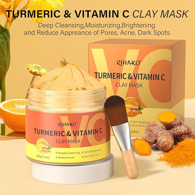 Turmeric Vitamin C Clay Mask -Turmeric Facial Mask - Brightening Clay Face Mask Skincare, Deep Cleansing Face Mask, Acne Face Mask for for Dark Spots, Dull Skin, Refining Pores and Controlling Oil-BrightBean Baby
