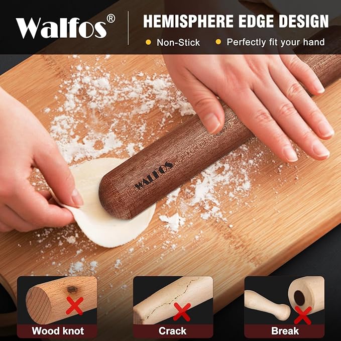 Walfos Mini Rolling Pin - Small Natural Wooden Rolling Pins, Baking Dough Roller for Pizza, Pie, Pasta, Bread, Pastry, No Coating (8inch)