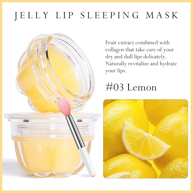 2Pc Jelly Lip Mask Overnight,Fruity Lemon Lip Sleeping Mask Day Night Repair Kawaii Lip Balm Hydrate Plump Dry Lip Scrubs Exfoliator,Lip Care Lip Moisturizer with Collagen-Lemon-BrightBean Baby