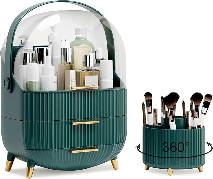 Makeup Organizers and Storage Make up Organizer for Vanity Cosmetics Skincare With Lid and Drawers Display Cases for Countertop Bathroom Women Teenager Girl Gifts(Dark Green+Brush Holder)-BrightBean Baby