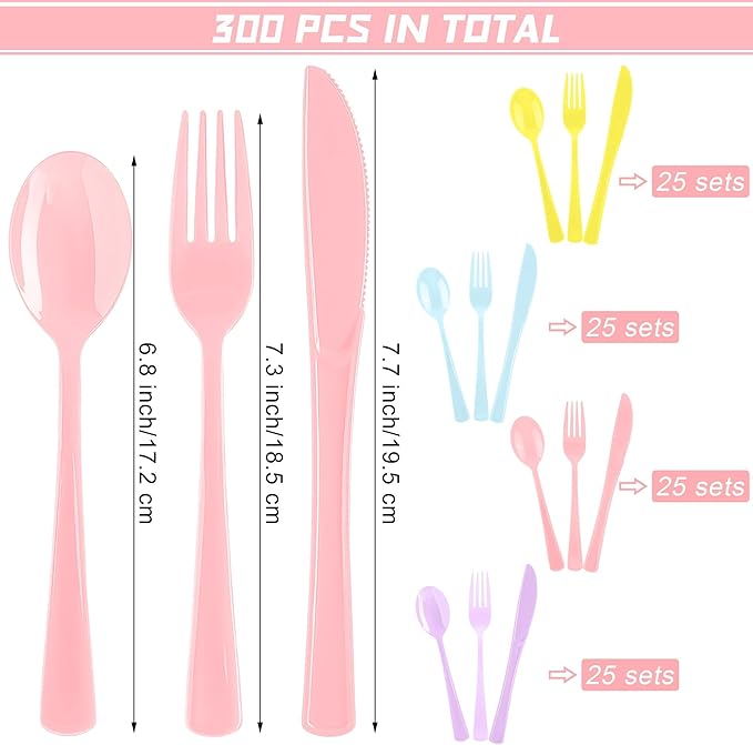 300 Pieces Pastel Plastic Silverware Heavy Duty Plastic Cutlery Set Heavyweight Disposable Utensils Includes Spoons Forks Knives for Birthday Wedding Dinner, Macaron Colors