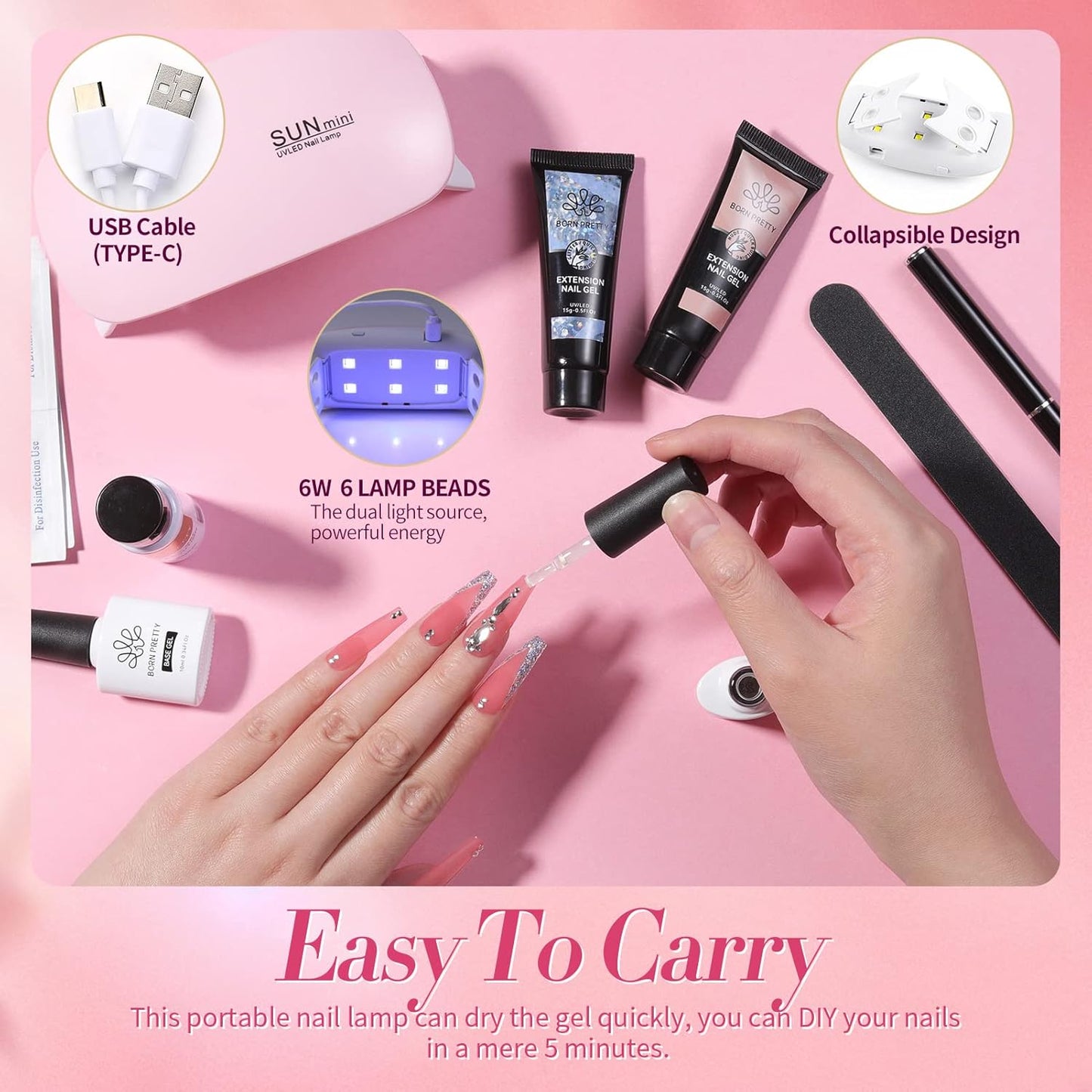 BORN PRETTY Poly Nail Extension Gel Kit-6 Colors Poly Nails Gel Kit Nude Clear Jelly Pink All In One Kit Builder Glue Gel with Nail Lamp Base Top Coat Set Nail Forms French Manicure Set for Beginner Starter DIY at Home Mother's Day Gifts-BrightBean Baby