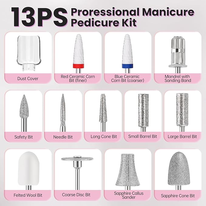 Electric Nail Drill, Cordless 2000 mAh Rechargeable Portable Nail File 12 in 1 Kit for Thick Toenails, 10 Speeds Nail Dril Machine Professional Manicure Pedicure for Hand Natural Nails Care (Pink)-BrightBean Baby