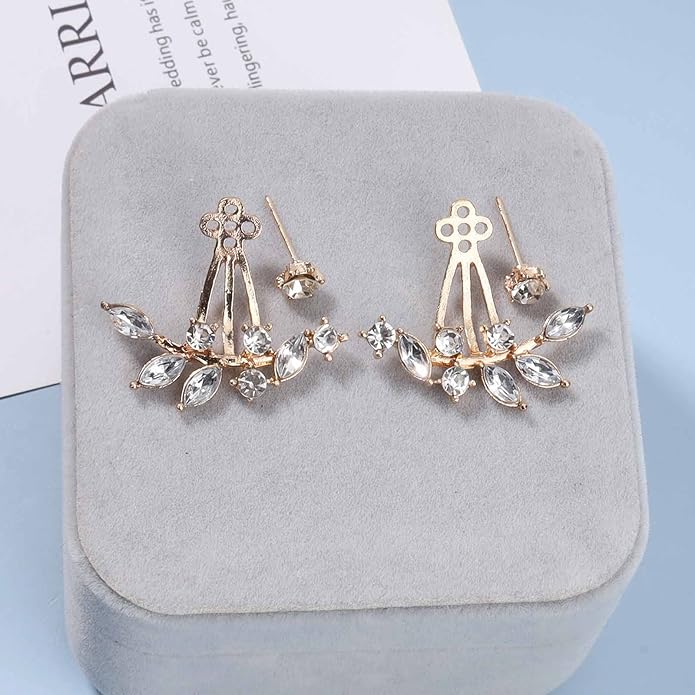Boho Crystal Leaf Ear Jackets Earrings Gold Cz Crystal Earrings Rhinestone Front Back Studs Earrings Minimalist Earrings Jewelry for Women and Girls Gifts-BrightBean Baby