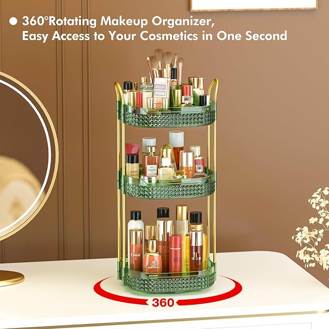 Awenia Rotating Makeup Organizer 360, Stackable Adjustable Large Capacity Cosmetic Storage Unit,Dresser Bathroom Kitchen Countertop Organizer with Metal Handle, Plus Size (Gem Green, 3 Tier)-BrightBean Baby