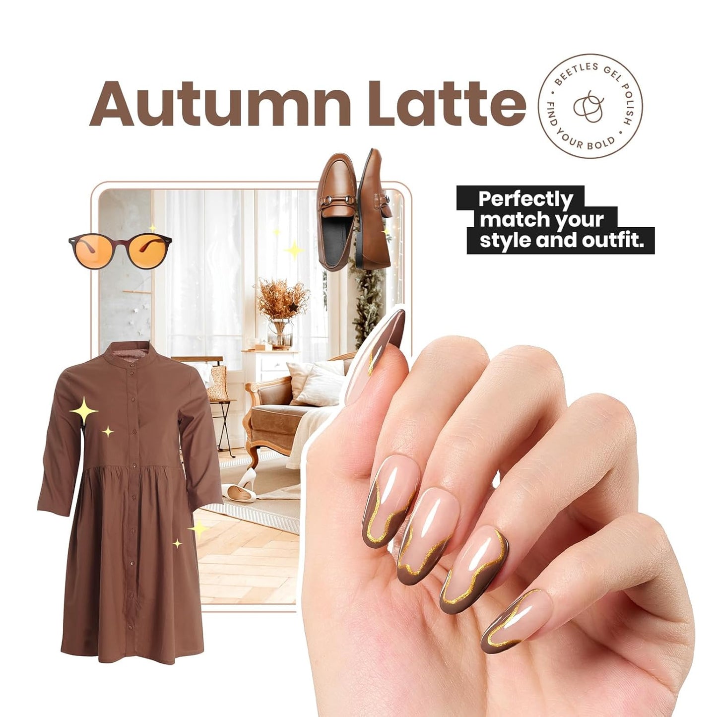 Beetles Mocha Mousse Nail Polish –No UV Needed, Air Dry –Warm Taupe Glossy Lacquer,Fast Drying, Long Lasting, Elegant Neutral Color At-Home DIY & Salon-BrightBean Baby