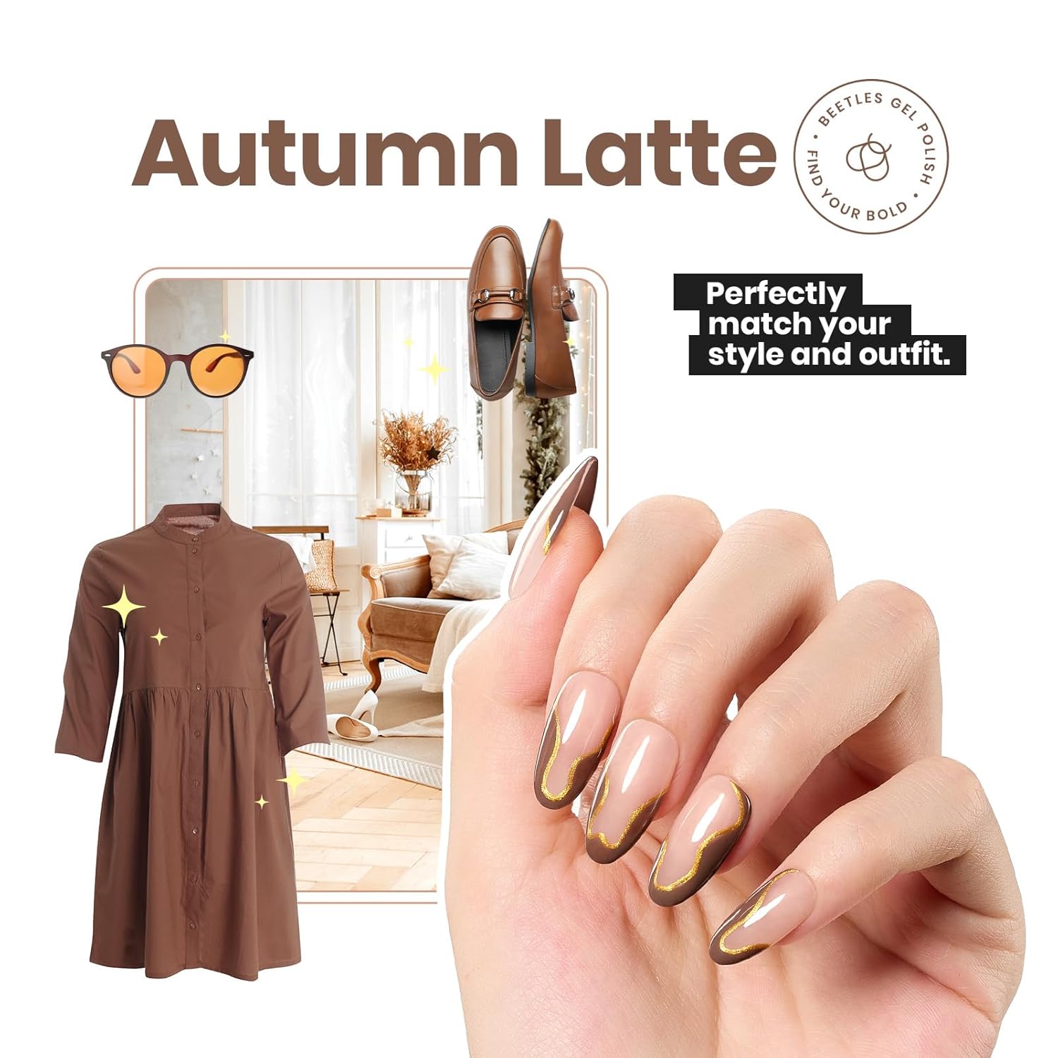 Beetles Mocha Mousse Nail Polish –No UV Needed, Air Dry –Warm Taupe Glossy Lacquer,Fast Drying, Long Lasting, Elegant Neutral Color At-Home DIY & Salon-BrightBean Baby