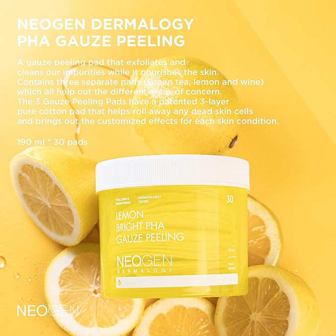 NEOGEN Lemon PHA Gauze Peeling Pads (30 pads) - Exfoliating Peeling Pad with AHA, BHA, PHA, LHA & Lemon & Glutathione & Niacinamide - Korean Skin Care-BrightBean Baby
