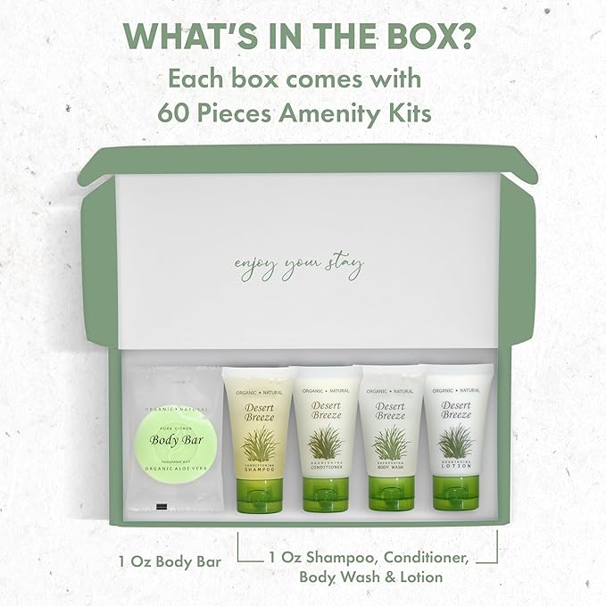 Dessert Breeze Amenity Kit | Boxed Hotel Toiletries | Bulk Set 1oz Travel Size Shampoo, Conditioner, Lotion, Body Wash & Body Bar Soap for Guest Hospitality AirBnB/Vacation Rentals | 60 sets per case-BrightBean Baby