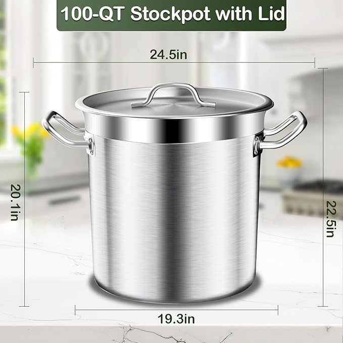 Commercial Grade Large Stock Pot - 100 QT Soup Pot with Lid - Non-Nickel Stainless Steel Stock Pots - Healthy Cookware Polished Stockpots - Heavy Duty Cooking Pots, Cookware Sauce Pots