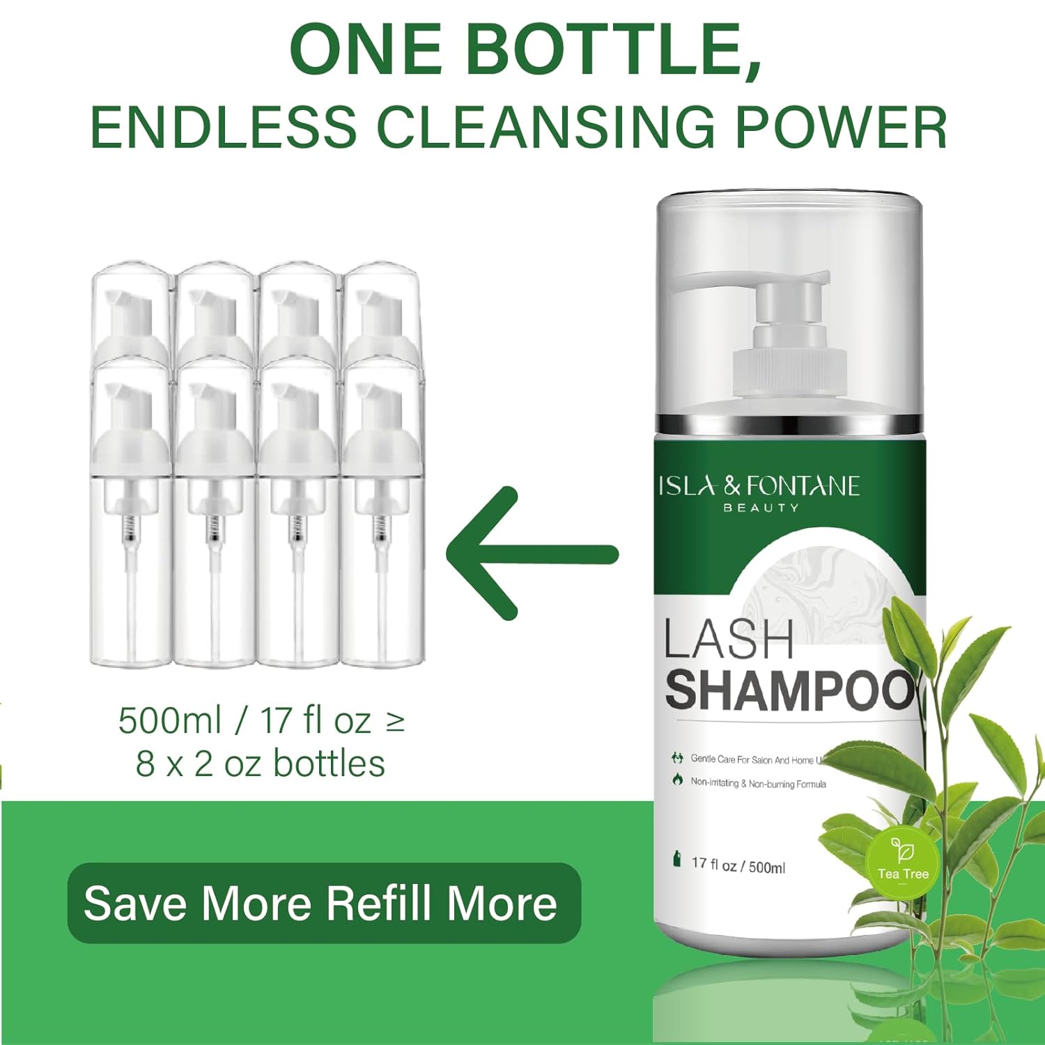 ISLA & FONTANE Lash Shampoo Bulk – Multi-Scent Series – 17 fl oz / 500ml | Gentle Eyelash Cleanser for Lash Extensions | Non-Irritating | Professional Lash Bath Foam For Salon And Home Use (Tea Tree)-BrightBean Baby