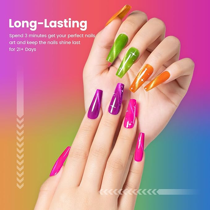 RARJSM 9D Neon Cat Eye Gel Nail Polish Set 6 Colors Velvet Silver Glitter Bright Orange Blue Red Green Rose Purple Ice Gel Polish with Magnet Stick UV LED Curing Requires Soak Off Home Salon Diy-BrightBean Baby
