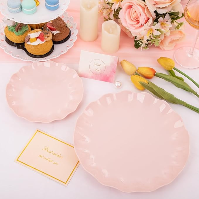 LIYH 24 Pcs Pink Plates Reusable, Pink Plastic Scalloped Plate Durable and Dishwasher Safe,Baby Shower Plate, Light Weight Daisy Plastic Wavy Plates for Wedding Party Birthday