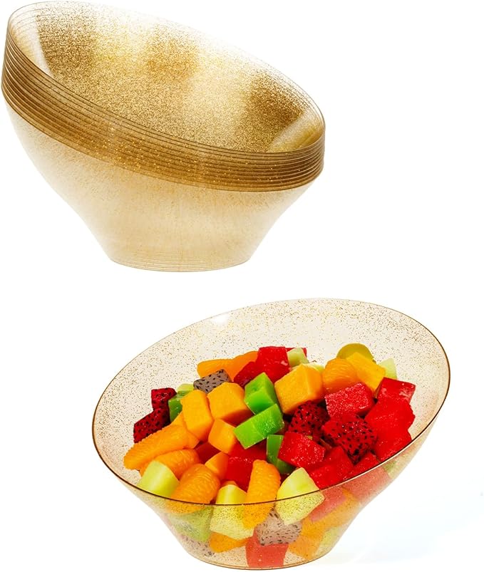 BESTVIP 20oz Clear with Gold Glitter Serving Bowls for Party - 12 Pack Angled Disposable Serving Bowls for Chips, Snacks, Fruit, Salad - Decorative Catering Bowls for Daily Use, Christmas