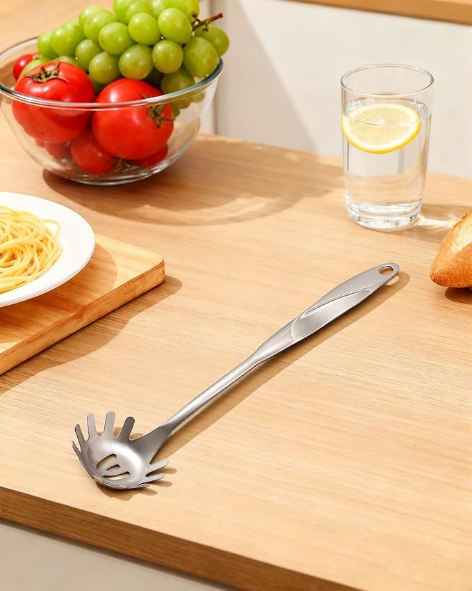 Spaghetti Spoon and Pasta Tong with Grip Teeth and Drain Holes, 2-Piece Large Spaghetti Utensil, Comfortable Grip Design for Cooking, Serving, Salad and Noodles, Stainless Steel