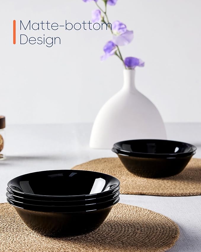 14 OZ (16 OZ MAX) Black Opal Glass Cereal Bowl Set of 4, 6.5 inch Dishwasher & Microwave Safe Round Bowls for Soup, Salad and Rice