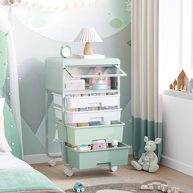 Utility-Rolling-Storage-Drawer-Craft-Cart-Organizers with 4 Drawers & Dust-proof Door for Kid Craft Art Room,Bedroom,Home Office, 4 Tiers Drawer cart, Green-BrightBean Baby