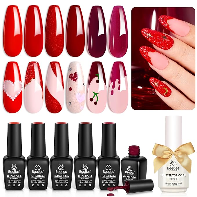 Beetles Red Gel Nail Polish Set with Top Coat, 6 Colors Popular Shimmer Red Burgundy Gel Polish Kit Nail Art Design Soak Off Uv LED Minicure DIY Home Gifts for Women-BrightBean Baby