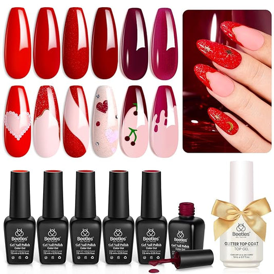 Beetles Red Gel Nail Polish Set with Top Coat, 6 Colors Popular Shimmer Red Burgundy Gel Polish Kit Nail Art Design Soak Off Uv LED Minicure DIY Home Gifts for Women-BrightBean Baby