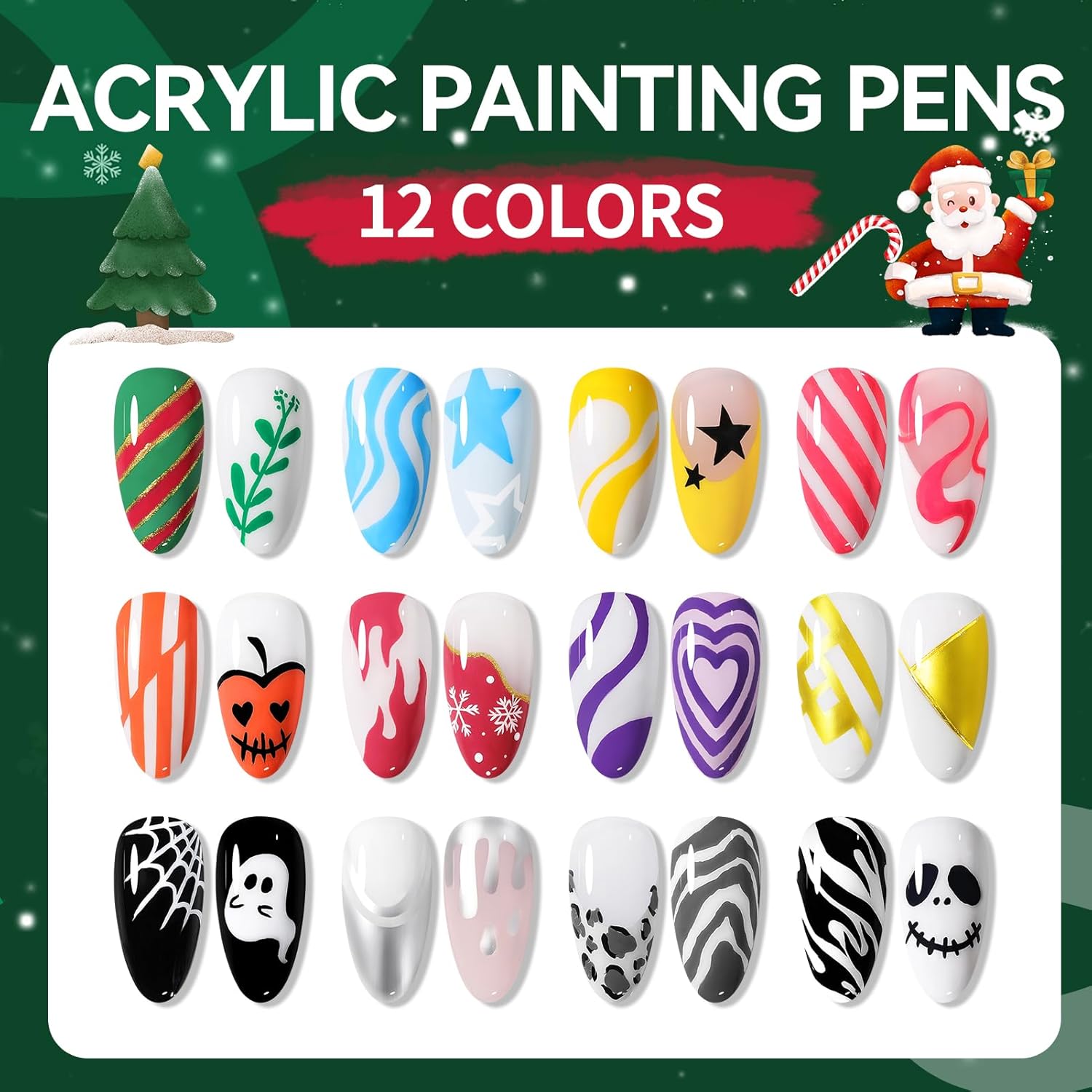 Born Pretty 12 Colors Nail Art Pens Set, Halloween Black White Orange Purple Colors 3D Acrylic Nail Polish Pens Quick Dry Nail Markers for Halloween Drawing Painting Dotting Pen DIY Manicure Tools-BrightBean Baby