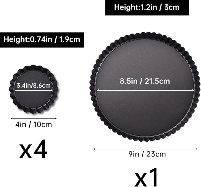 Theuzi 9 in Non-Stick Tart and Quiche Pan with Removable Bottom and 4 Mini Tart Pans 4-inch, Heavy Duty Fluted Side for Pies, Mousse Cakes, Dessert Baking (5 Pack)