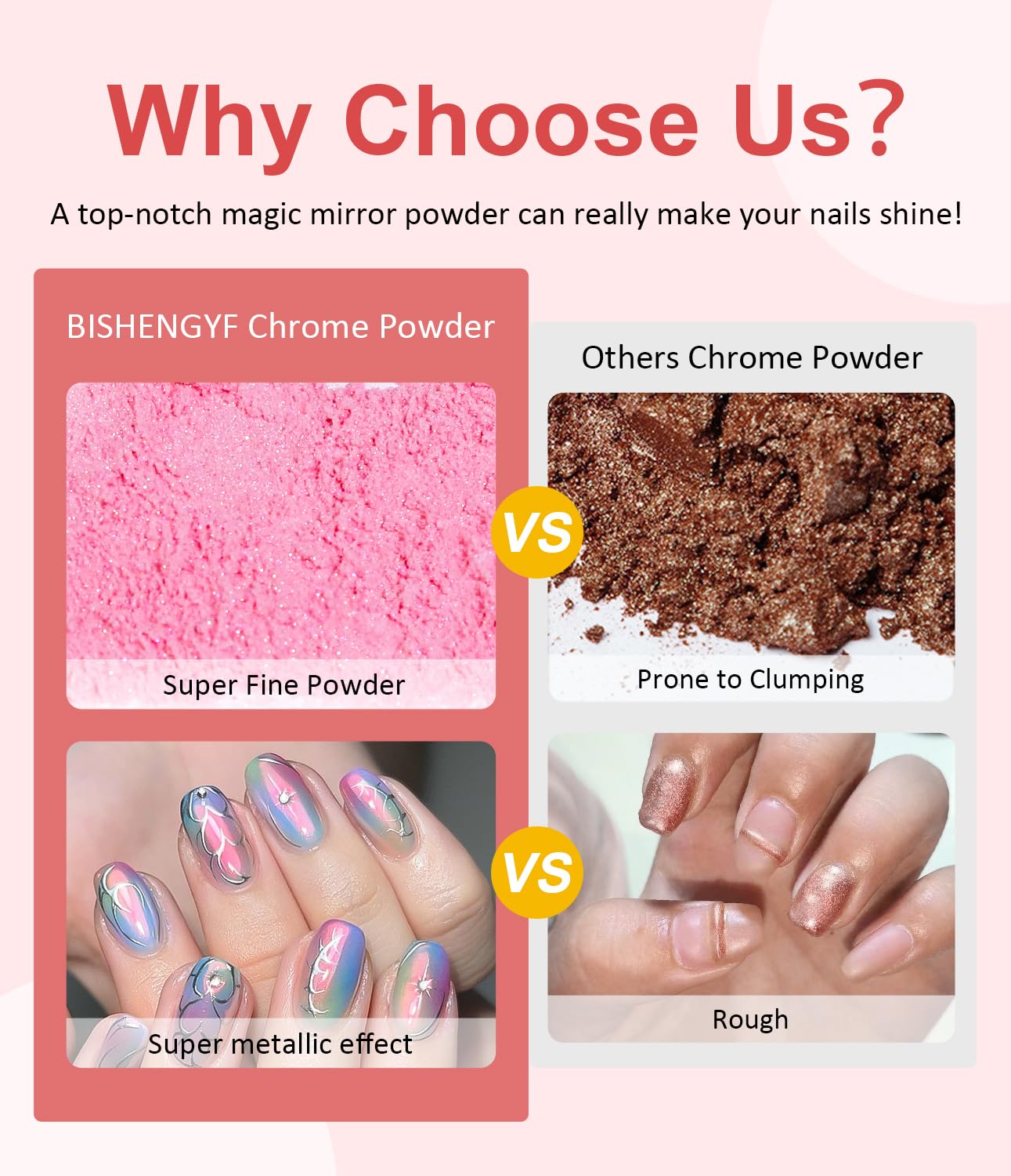 Pearl Chrome Nail Powder BISHENGYF -【Fairy Effect】 Pink Chrome Nail Powder White Pearlesent Aurora Mermaid Iridescent Nail Chrome Powder, Metallic Mirror Glitter Pigment Dust for Nail Art DIY 2PCS-BrightBean Baby