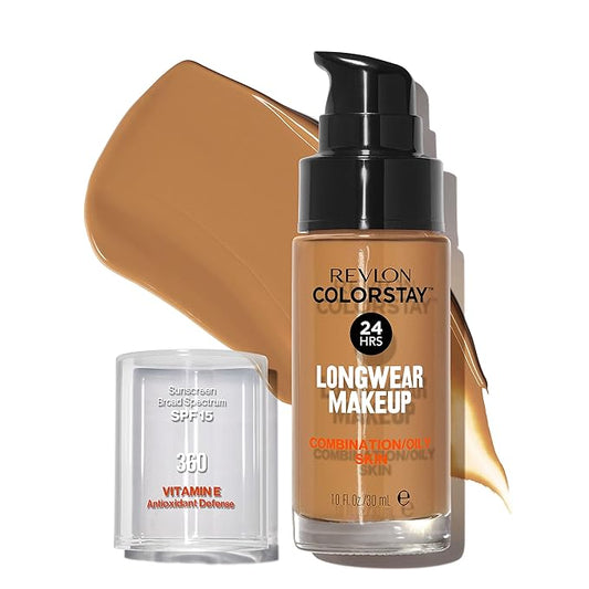 Revlon Liquid Foundation, ColorStay Face Makeup for Combination & Oily Skin, SPF 15, Longwear Medium-Full Coverage with Matte Finish, Golden Caramel (360), 1.0 Oz-BrightBean Baby