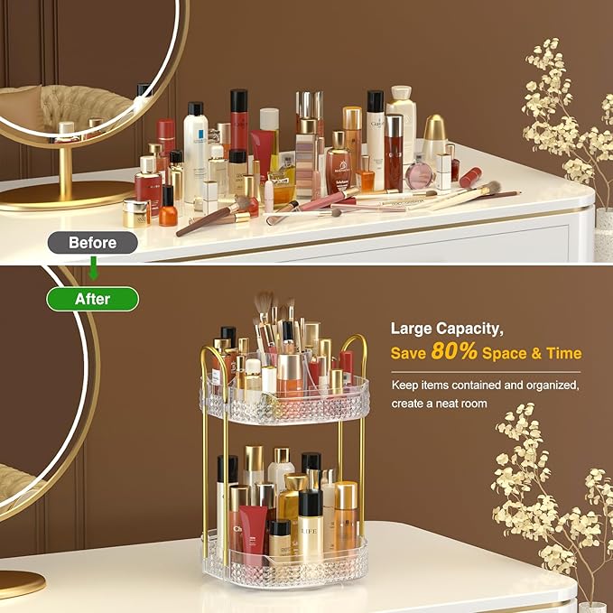Awenia Rotating Makeup Organizer 360, Stackable Adjustable Large Capacity Cosmetic Storage Unit,Dresser Bathroom Kitchen Countertop Organizer with Metal Handle, Plus Size (Clear, 2 Tier)-BrightBean Baby