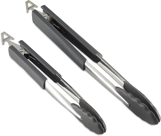 Anolon SureGrip Dishwasher Safe Nonstick Locking Cooking Tongs Set/Salad Serving Tools, 9 Inch and 12 Inch, Graphite Gray